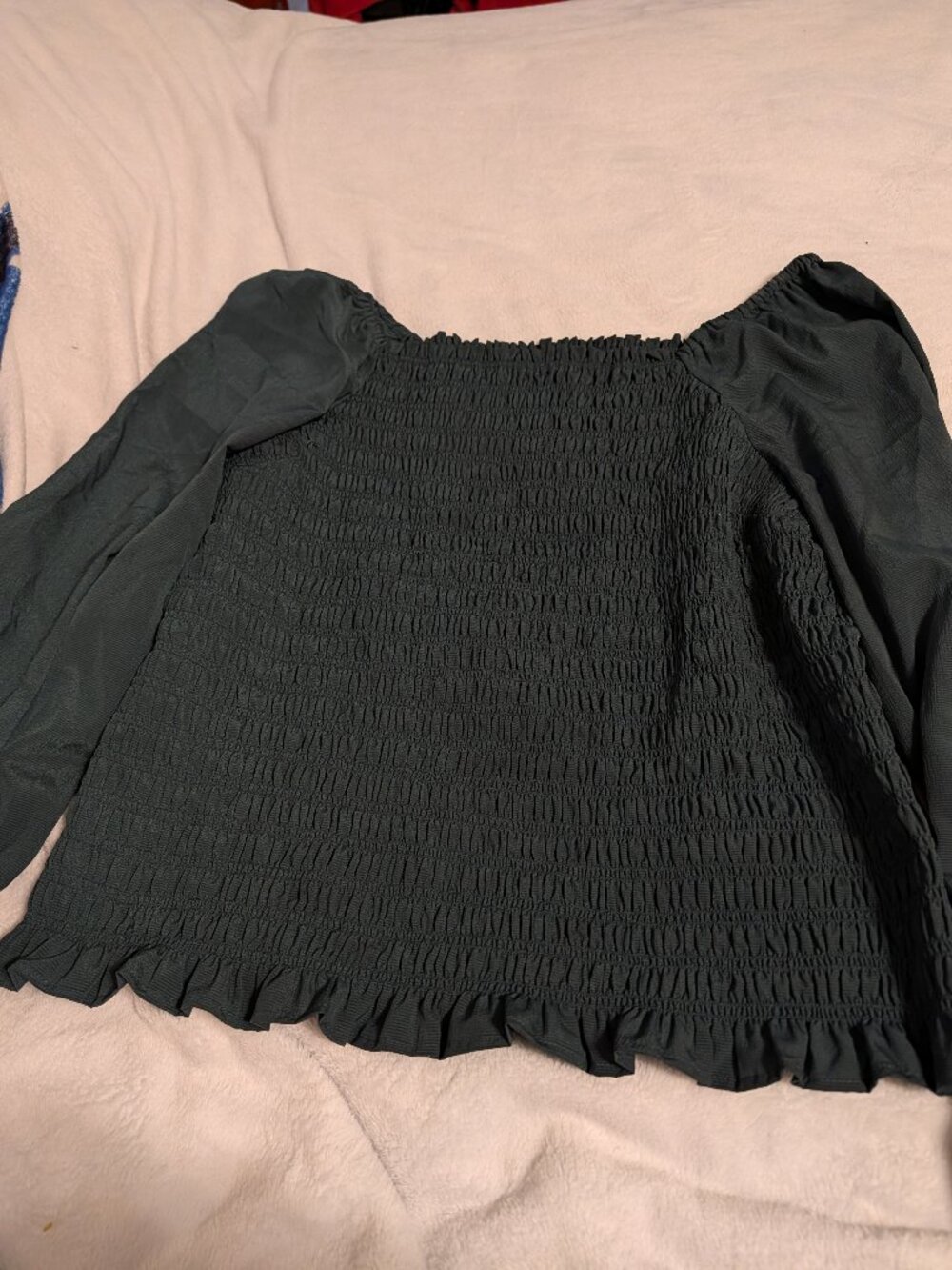 Rare; shirred; hunter green blouse